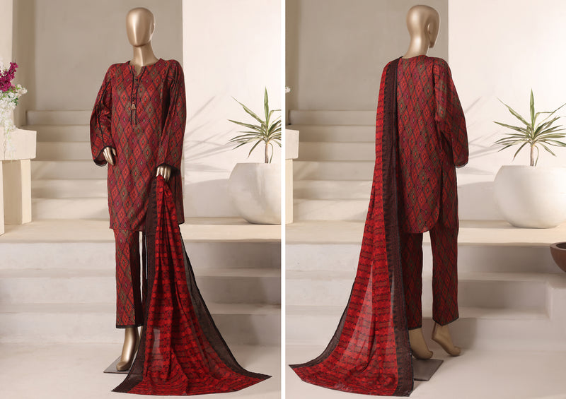 Cambric - Stitched printed 3piece with Lace work - Rust Black