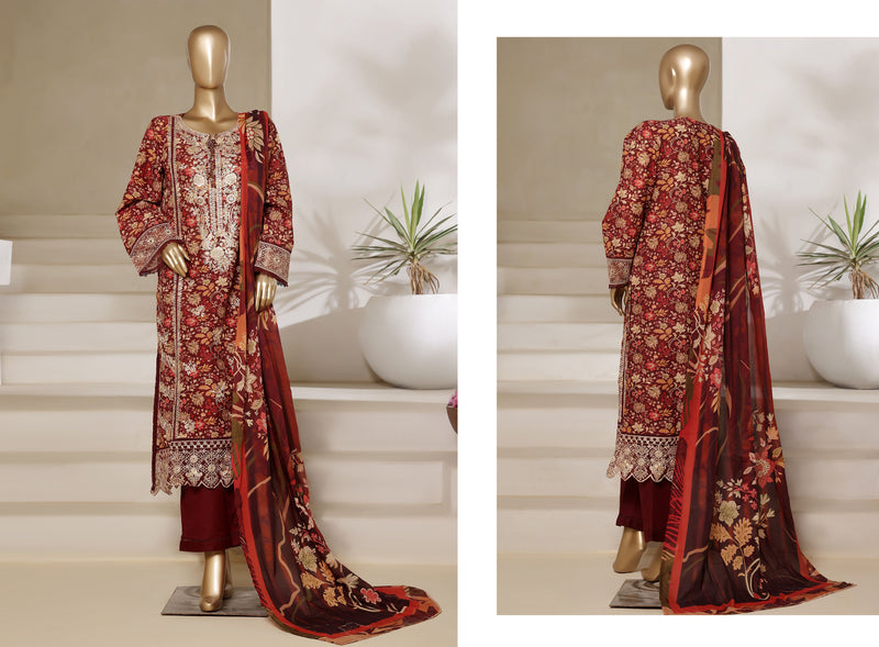 Lawn - Stitched Digital Printed Embroidered 3piece with Lace work - Maroon
