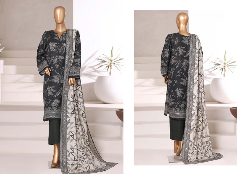 Khaddar - Stitched printed 3piece with Lace work - Black