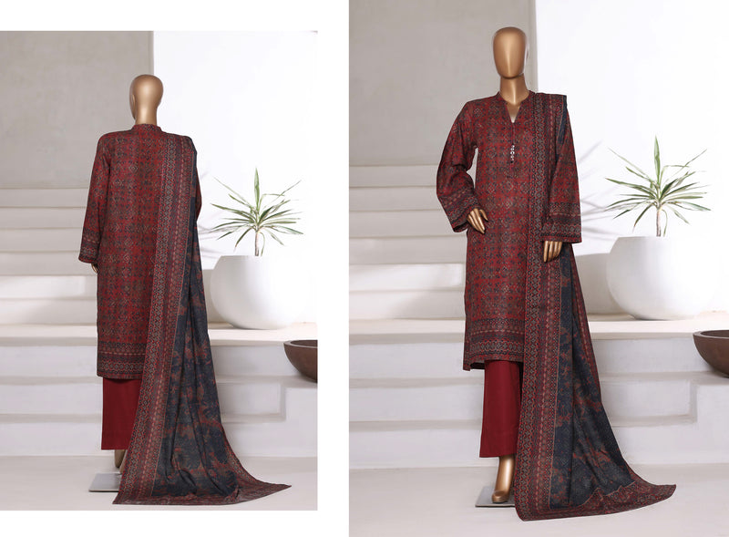 Khaddar - Printed 3piece collection with Lace work - Maroon
