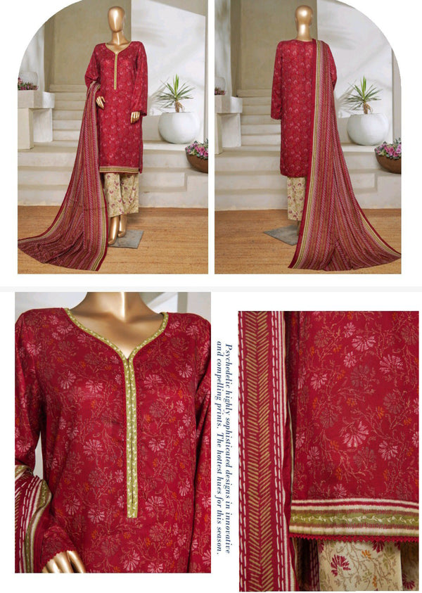 Lawn - Stitched printed 3piece with Lace work - Maroon