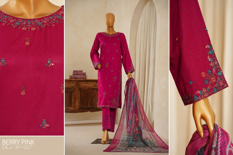 Lawn Jacquard - Stitched Embroidered 3 piece with lace work - Berry Pink
