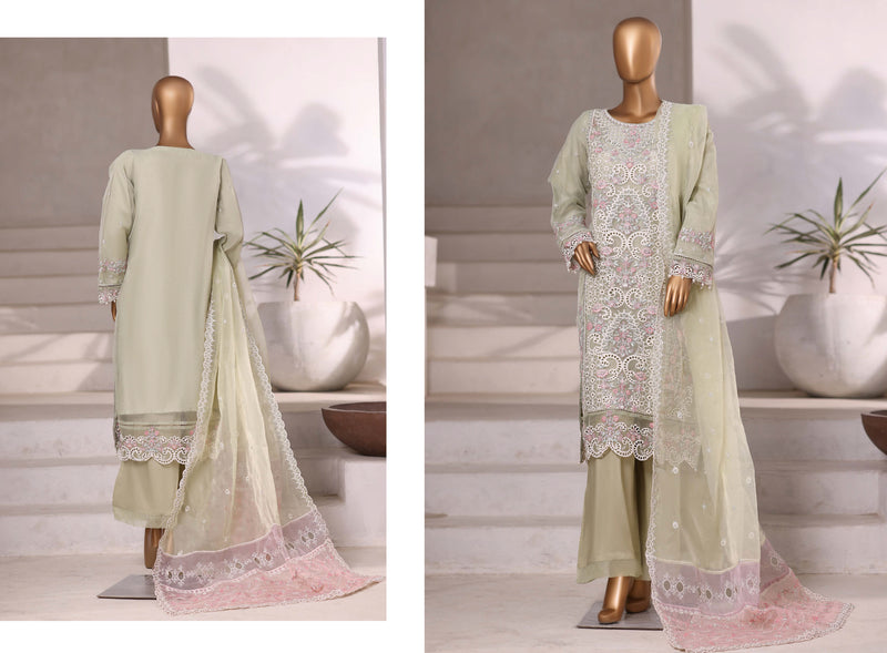 Organza - Stitched Embroidered 3piece with Hand work - Pista