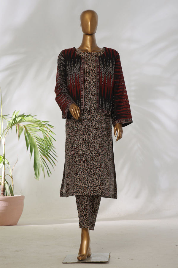 Khaddar Co-ords with coat - Stitched Printed Kurti & Trouser with Coat - Black