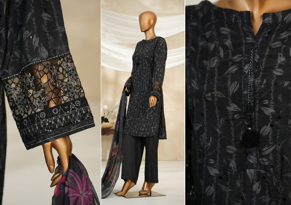 Cambric | Cotton - Stitched printed embroidered silk 3piece with Boring, Cutwork & Mirror work - Night Mare