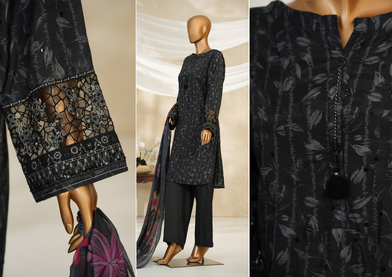 Cambric | Cotton - Stitched printed embroidered silk 3piece with Boring, Cutwork & Mirror work - Night Mare