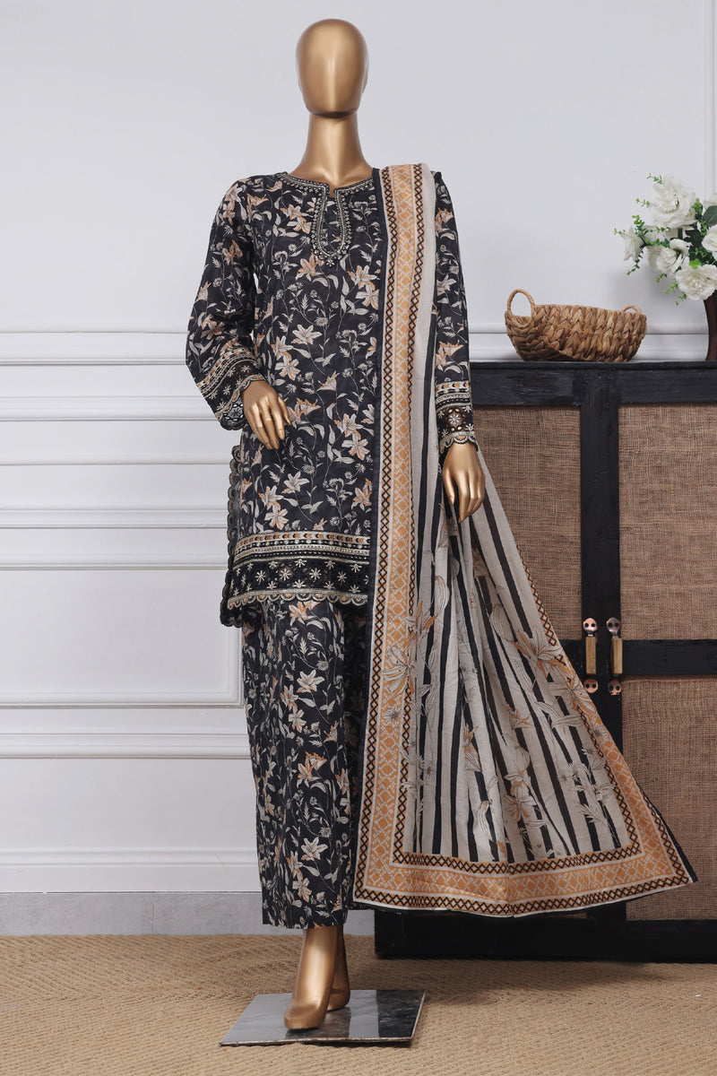 Lawn - Stitched Festive Embroidered 3piece with Plazo - Black