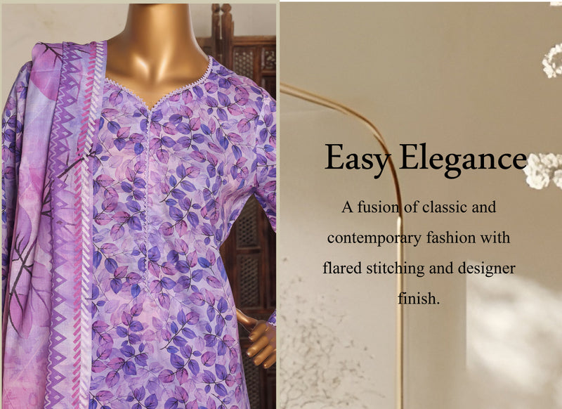 Lawn - Stitched printed 3piece with Lace work - Purple