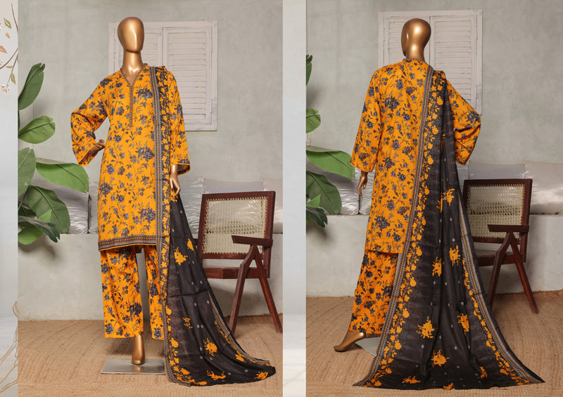 Lawn - Stitched printed 3piece with Lace work - Yellow