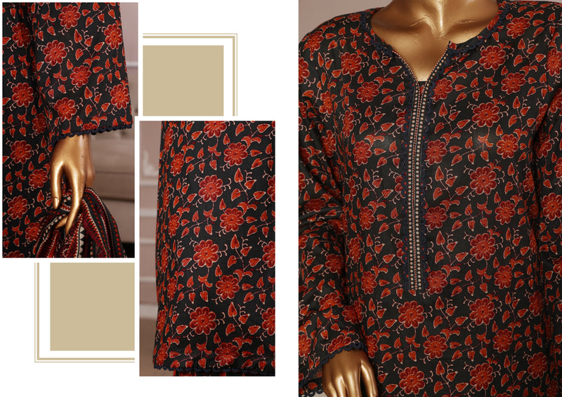 Lawn - Stitched printed 3piece with Farshi Shalwar - Maroon and Black