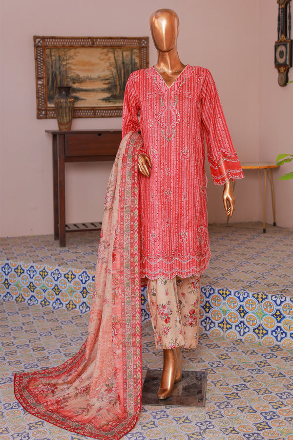 Lawn Self stripe- Stitched Embroidered 3piece with Lace work - Red