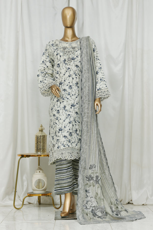 Lawn - Stitched Embroidered 3piece with Lace work - White