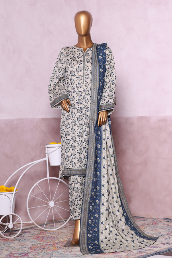 Khaddar - Stitched printed 3piece with Lace work - White & Blue