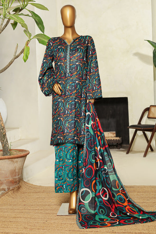 Lawn - Stitched printed 3piece with Farshi shalwar - Dark Blue