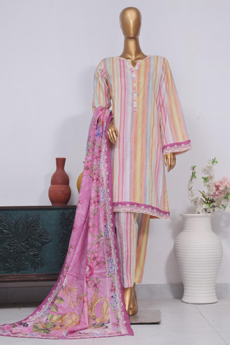 Lawn - Stitched Printed 3piece with Lace work - Pink