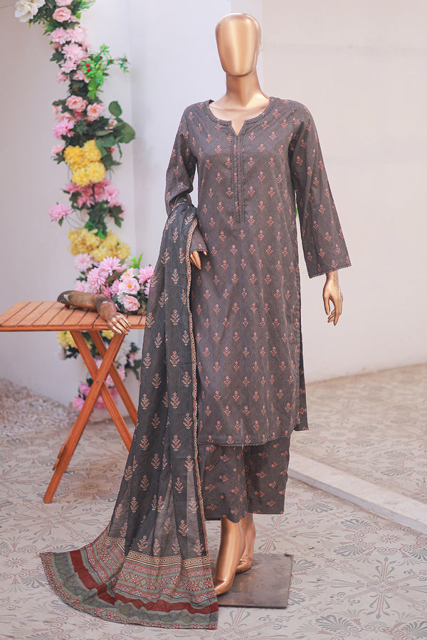 Lawn - Stitched printed 3piece with Lace work - Dark Grey