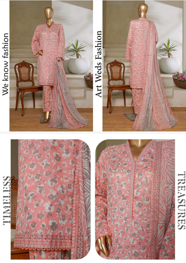 Lawn - Stitched printed 3piece with Lace work - Light Pink