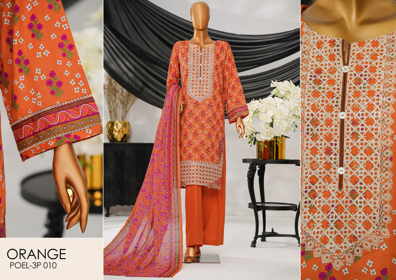 Cotton | Cambric - Stitched Embroidered 3piece with Lace work - Orange