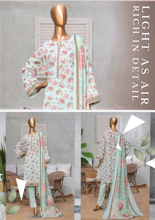 Lawn - Stitched printed 3piece with Lace work - Sky Blue
