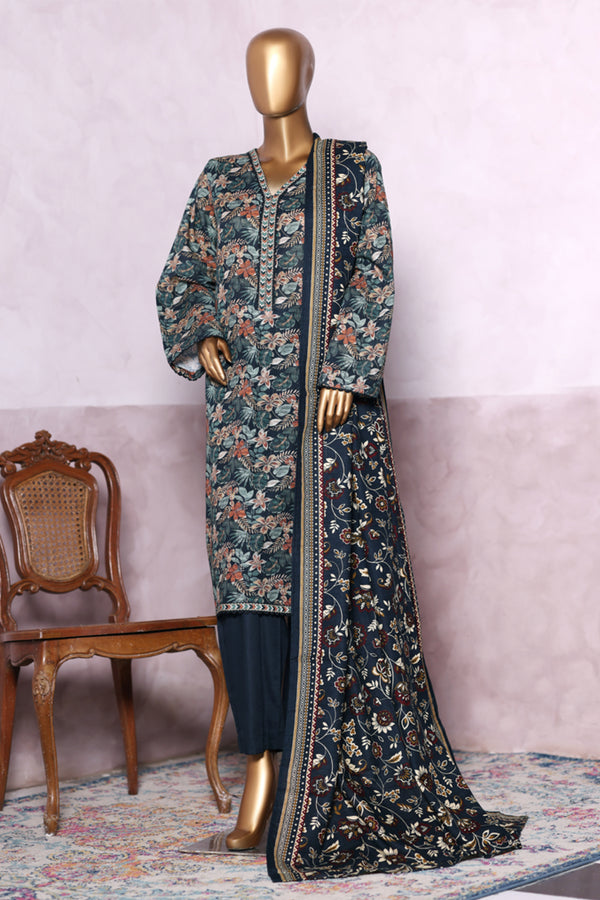 Khaddar - Stitched printed 3piece with Lace work - Sea Green