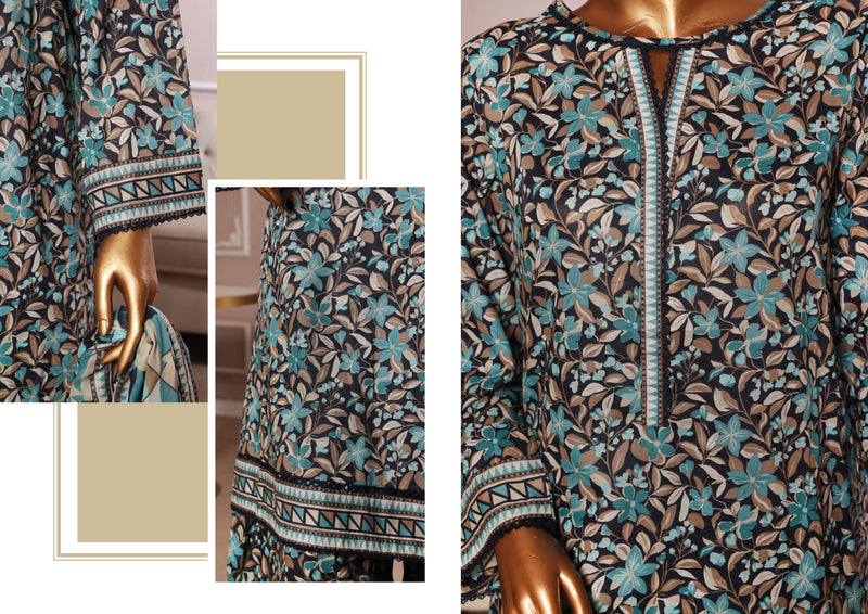 Lawn - Stitched printed 3piece with Farshi Shalwar - Multi Color