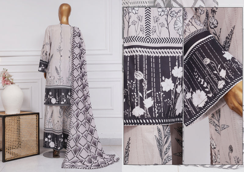 Lawn - Stitched Printed 3 piece with Chiffon Dupatta - Smoky Black