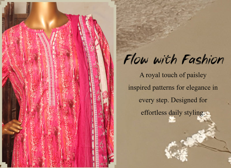 Lawn - Stitched printed 3piece with Lace work - Pink