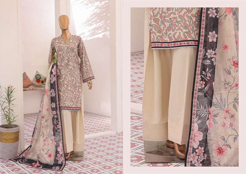 Lawn - Stitched printed 3piece with Farshi Shalwar - Light Brown