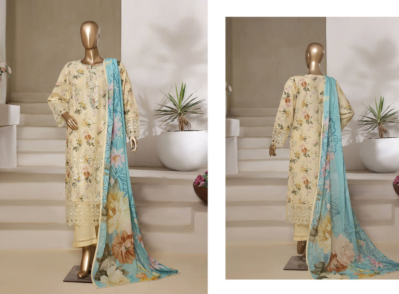 Lawn - Stitched Digital Printed Embroidered 3piece with Lace work - Dull Yellow