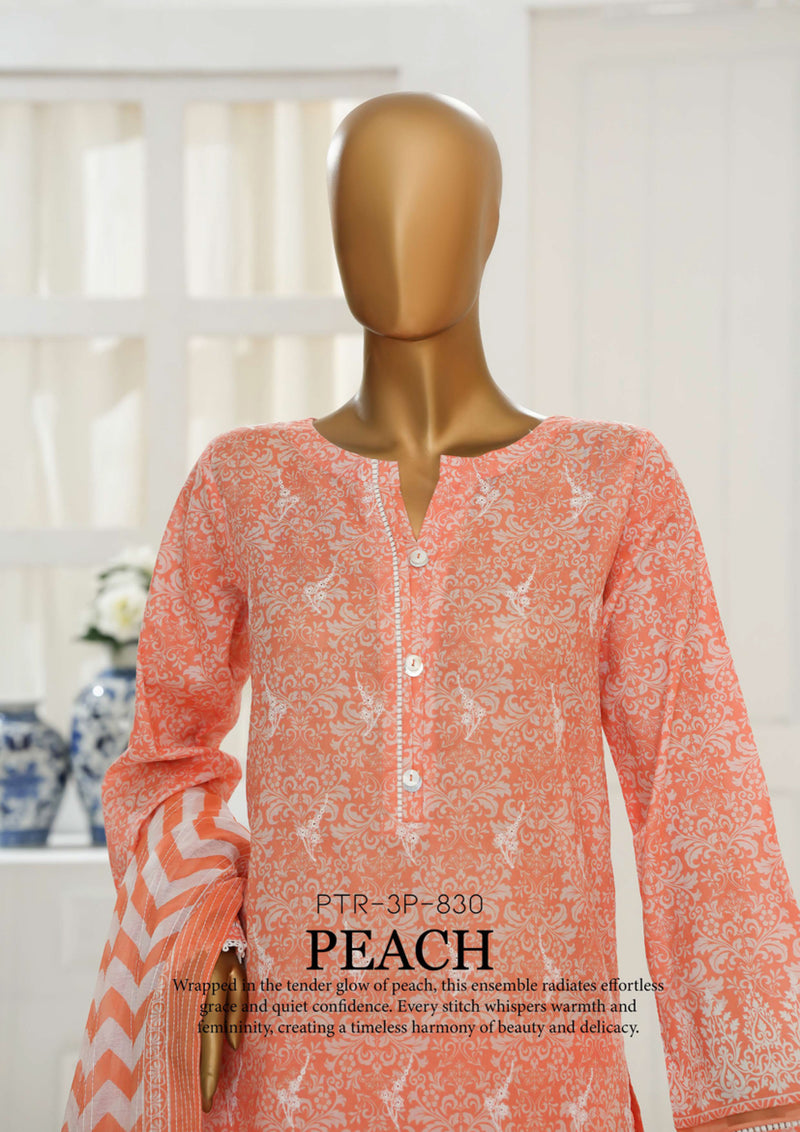 Cambric Chikankari - Stitched Embroidered 3piece with Lace work - Peach