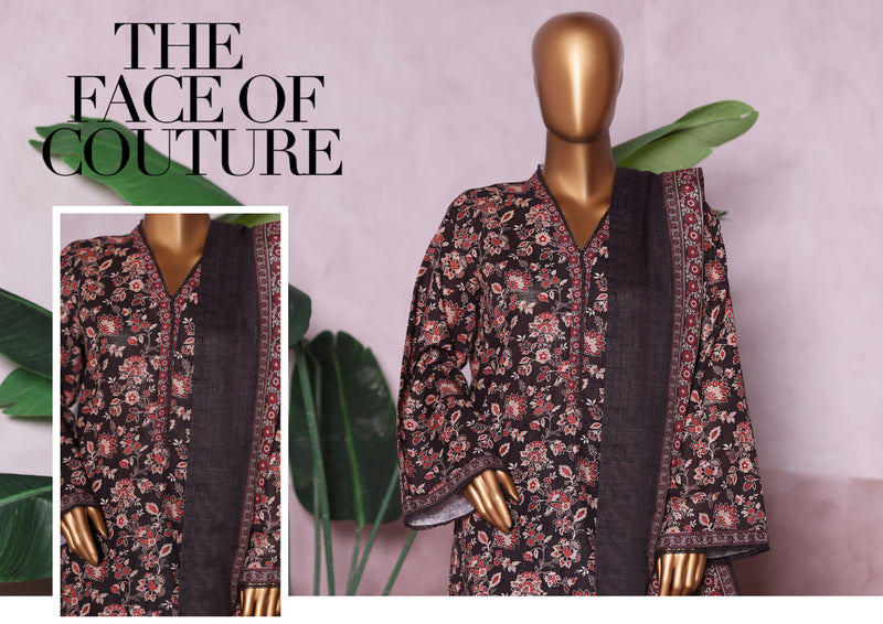 Khaddar - Stitched printed 3piece with Lace work - Brown