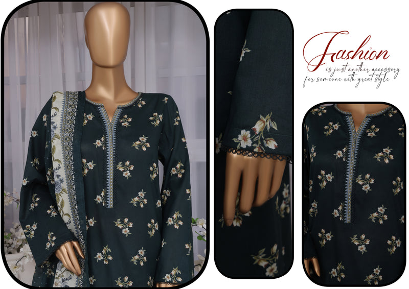 Lawn - Stitched printed 3piece with Farshi Shalwar - Dark Green