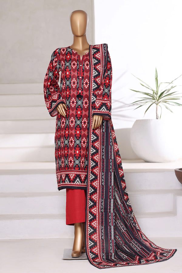 Khaddar - Printed 3piece collection with Lace work - Red