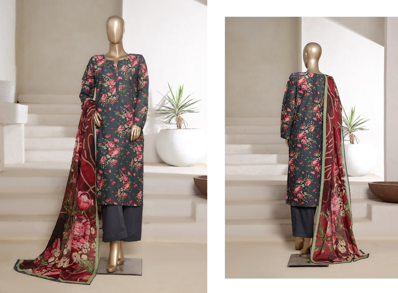 Lawn - Stitched printed 3piece with Lace work - Dark Grey