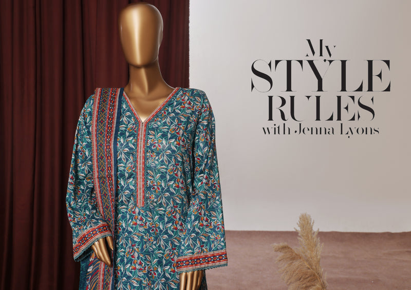 Lawn - Stitched printed 3piece with Farshi Shalwar - Green