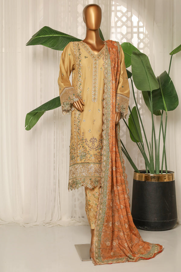 Lawn - Stitched Embroidered 3piece with printed Back & Printed trouser & Emb Dupatta - Dull Yellow