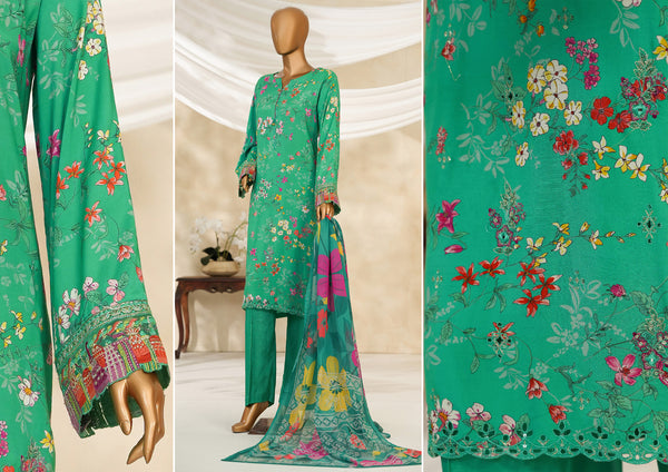 Cambric | Cotton - Stitched printed embroidered silk 3piece with Boring, Cutwork & Mirror work - Parrot Green
