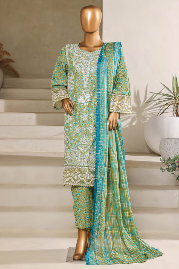 Lawn - Stitched Embroidered Chikankari 3piece with Lace work - Green