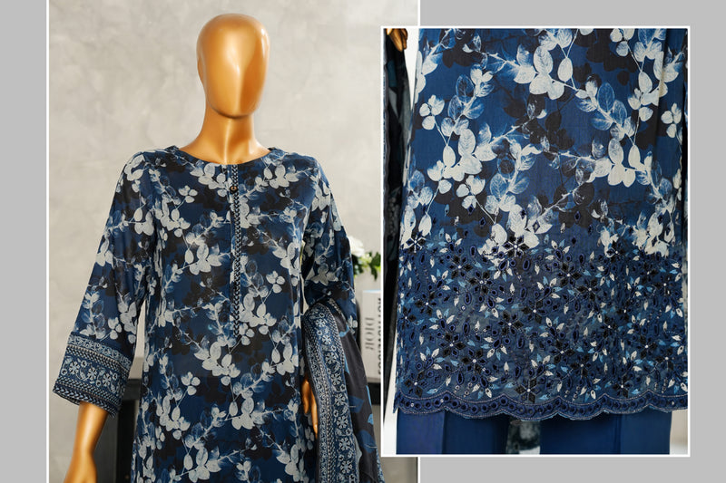 Lawn - Stitched Digital Printed Embroidered 3piece with Boring work - Navy Blue