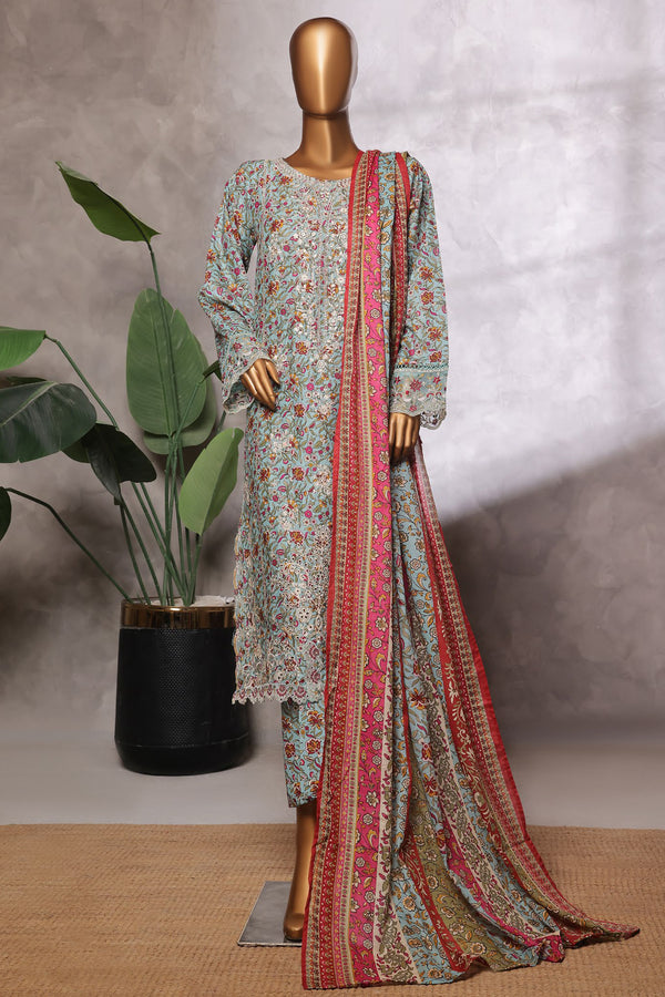 Lawn - Stitched Embroidered 3piece with Lace work - Sky Blue