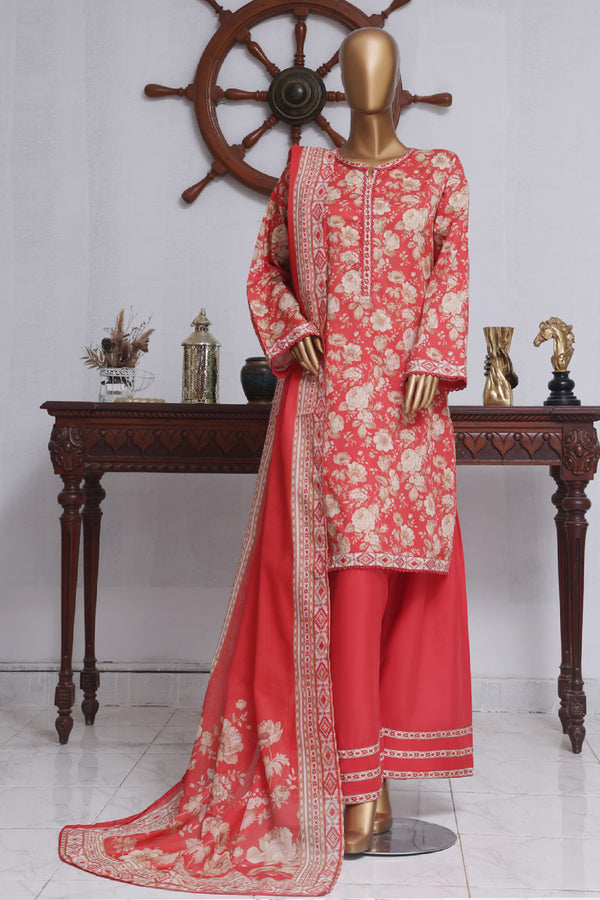 Lawn - Stitched printed 3piece with Farshi Shalwar - Pink