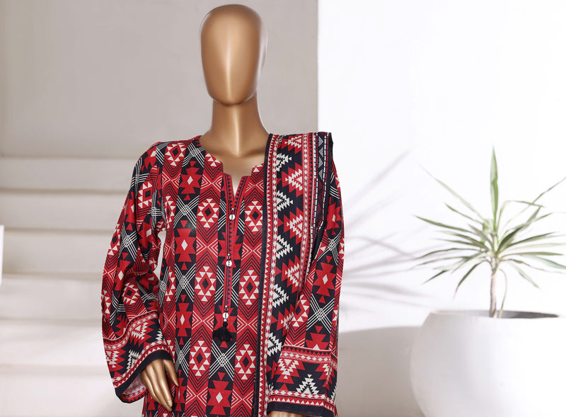 Khaddar - Printed 3piece collection with Lace work - Red