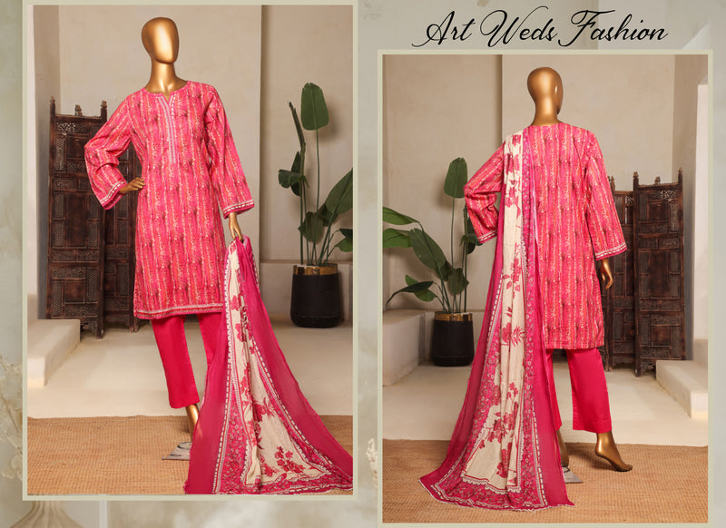 Lawn - Stitched printed 3piece with Lace work - Pink