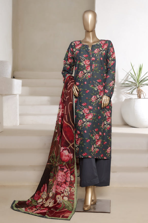 Lawn - Stitched printed 3piece with Lace work - Dark Grey