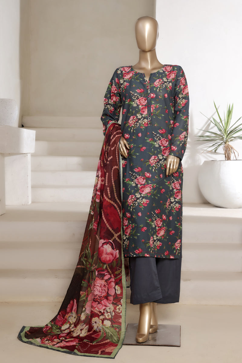 Lawn - Stitched printed 3piece with Lace work - Dark Grey