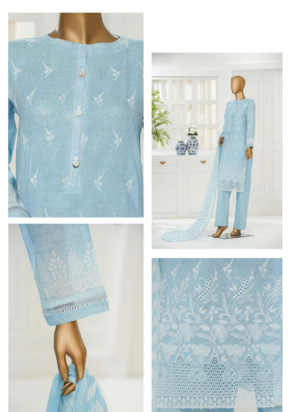 Cambric Chikankari - Stitched Embroidered 3piece with Lace work - Baby Blue