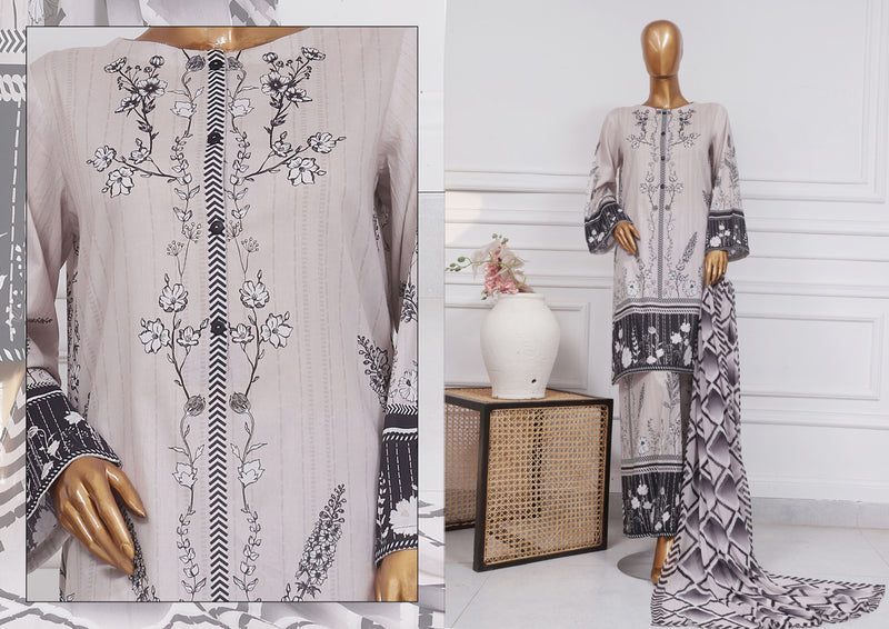 Lawn - Stitched Printed 3 piece with Chiffon Dupatta - Smoky Black