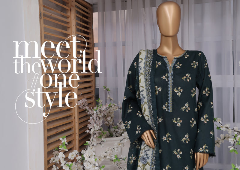 Lawn - Stitched printed 3piece with Farshi Shalwar - Dark Green