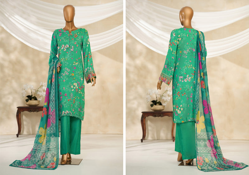 Cambric | Cotton - Stitched printed embroidered silk 3piece with Boring, Cutwork & Mirror work - Parrot Green