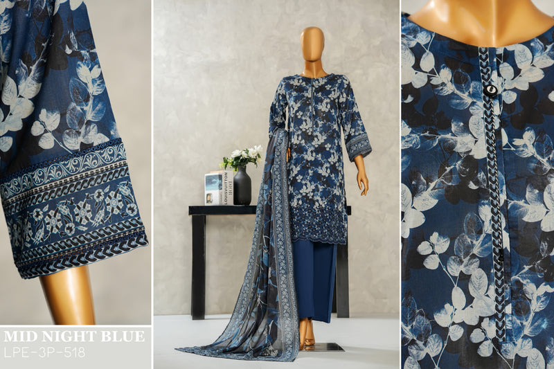 Lawn - Stitched Digital Printed Embroidered 3piece with Boring work - Navy Blue